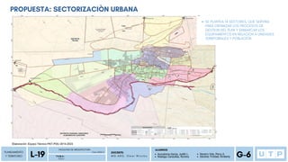 PLANEAMIENTO
Y TERRITORIO
P D U
FACULTAD DE ARQUITECTURA
L-19 Ciclo 2023-2
T E M A :
DOCENTE:
M G . A R Q . O m a r W i n c h o
ALUMNOS
G-6
Auccatoma Garcia, Judith L.
Reategui Canecillas, Romina
Navarro Vela, Percy A.
Sánchez Trinidad, Kimberly
PROPUESTA: SECTORIZACIÒN URBANA
SE PLANTEA 14 SECTORES, QUE SERVIRA
PARA OBTIMIZAR LOS PROCESOS DE
GESTION DEL PLAN Y ENMARCAR LOS
EQUIPAMIENTOS EN RELACIÒN A UNIDADES
TERRITORIALES Y POBLACIÓN
 