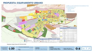 PLANEAMIENTO
Y TERRITORIO
P D U
FACULTAD DE ARQUITECTURA
L-20 Ciclo 2023-2
T E M A :
DOCENTE:
M G . A R Q . O m a r W i n c h o
ALUMNOS
G-6
Auccatoma Garcia, Judith L.
Reategui Canecillas, Romina
Navarro Vela, Percy A.
Sánchez Trinidad, Kimberly
PROPUESTA: EQUIPAMIENTO URBANO
EDUCACIÒN
SALUD
RECREACIÒN
CUBRIR LAS NECESIDADES REQUERIDAS POR
LOS SERVICIOS DE:
 