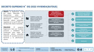 DECRETO SUPREMO Nº 012-2022-VIVIENDA(RATDUS)
PLANEAMIENTO
Y TERRITORIO
P D U
FACULTAD DE ARQUITECTURA
L-2 Ciclo 2023-2
T E M A :
DOCENTE:
M G . A R Q . O m a r W i n c h o
ALUMNOS
G-6
Auccatoma Garcia, Judith L.
Reategui Canecillas, Romina
Navarro Vela, Percy A.
Sánchez Trinidad, Kimberly
OBJETO: El Reglamento tiene
por objeto desarrollar las
disposiciones sobre el
acondicionamiento territorial y la
planificación urbana del
desarrollo urbano sostenible,
regulados en la Ley Nº 31313, Ley
de Desarrollo Urbano Sostenible.
FINALIDAD: El presente
Reglamento tiene por finalidad
promover y establecer las
condiciones para lograr el
desarrollo urbano sostenible
mediante el acondicionamiento
territorial y la planificación
urbana.
 