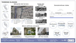 DOCENTES: INTEGRANTES:
Arq. Omar Angelo Wincho Chilquillo
Arq. Javier Alfredo Caballero Garriazo Sanchez T. Kimberly
Granda Alacote, Leslie
Ticse Jean Pierre
Huamán Jean Pierre
Ricaldi P. Mela
TALLER DE
ARQUITECTURA
VIII
ANÁLISIS
FUNCIONAL
PROYECTO
DE USO
MIXTO
L-02
Perú - Lima Av. Universitaria
TERRENO ELEGIDO
Av. Mariano H.
Cornejo
C. José Antonio
Coordenadas
-12.0689628,
-77.0772562
Zonificacion
RDA
Área del
terreno
Perímetro
543.8027
m
Zona del
terreno
Características viales
Lima Provincias
Lima
Pueblo Libre
Vistas del
terreno
11939.1195
m2
zona I
Av. Secundarias
C. José Antonio
Jr. Carlos Cueto
Jr. Luis Enrique
Av. Principales
Av. Universitaria
Av. Mariano H.
Cornejo
Ubicación del terreno
Altura edificios cercanos
Condominio
Atlantis (20 pisos)
PUCP Complejo Mac
Gregor(12 pisos)
Edificios vivienda
(20 ,14 y 19 pisos)
 