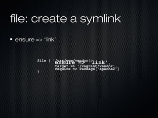 file: create a symlink
ensure => ‘link’


        file { '/var/www/vendor':
                ensure => 'link',
                target => '/vagrant/vendor',
                require => Package['apache2']
        }
 