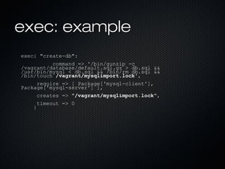 exec: example
exec{ "create-db":
           command => '/bin/gunzip -c
/vagrant/database/default.sql.gz > db.sql &&
/usr/b...