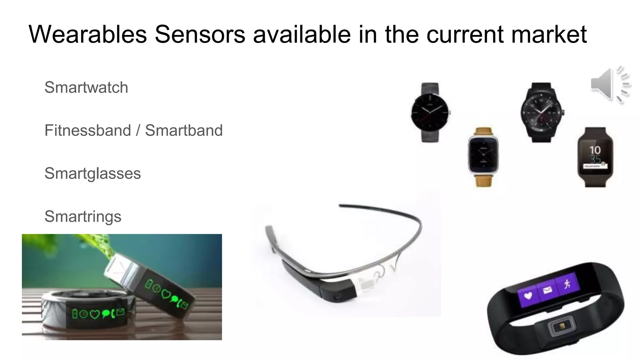 Wearables Sensors available in the current market
Smartwatch
Fitnessband / Smartband
Smartglasses
Smartrings
 