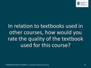 29
In relation to textbooks used in
other courses, how would you
rate the quality of the textbook
used for this course?
TH...