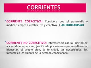 CORRIENTES

*CORRIENTE    COERCITIVA: Considera que el paternalismo
 médico siempre es restrictivo y coactivo. AUTORITARISMO




*CORRIENTE NO COERCITIVO: Interferencia con la libertad de
 acción de una persona, justificada por razones que se refieren al
 bienestar, el propio bien, la felicidad, las necesidades, los
 intereses o los valores de la persona coaccionada.
 