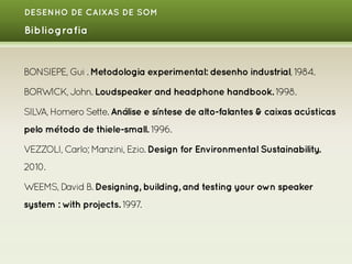 DESENHO DE CAIXAS DE SOM

Bibliografia

BONSIEPE, Gui . Metodologia experimental: desenho industrial, 1984.
BORWICK, John. Loudspeaker and headphone handbook. 1998.
SILV Homero Sette. Análise e síntese de alto-falantes  caixas acústicas
A,
pelo método de thiele-small. 1996.
VEZZOLI, Carlo; Manzini, Ezio. Design for Environmental Sustainability.
2010.
WEEMS, David B. Designing, building, and testing your own speaker
system : with projects. 1997.

 