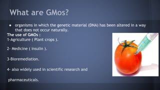 What are GMos?
● organisms in which the genetic material (DNA) has been altered in a way
that does not occur naturally.
The use of GMOs :
1-Agriculture ( Plant crops ).
2- Medicine ( insulin ).
3-Bioremediation.
4- also widely used in scientific research and
pharmaceuticals.
 