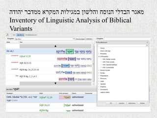 ‫מאגר‬‫יהודה‬ ‫ממדבר‬ ‫המקרא‬ ‫במגילות‬ ‫והלשון‬ ‫הנוסח‬ ‫הבדלי‬
Inventory of Linguistic Analysis of Biblical
Variants
 