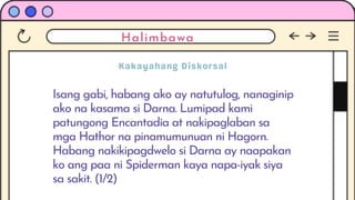 Halimbawa
Isang gabi, habang ako ay natutulog, nanaginip
ako na kasama si Darna. Lumipad kami
patungong Encantadia at nakipaglaban sa
mga Hathor na pinamumunuan ni Hagorn.
Habang nakikipagdwelo si Darna ay naapakan
ko ang paa ni Spiderman kaya napa-iyak siya
sa sakit. (1/2)
 