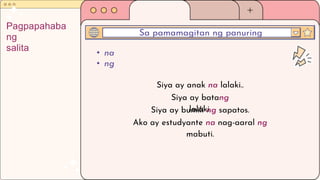 • na
• ng
Sa pamamagitan ng panuring
Pagpapahaba
ng
salita
Siya ay anak na lalaki..
Siya ay batang
lalaki.
Siya ay bumili ng sapatos.
Ako ay estudyante na nag-aaral ng
mabuti.
 