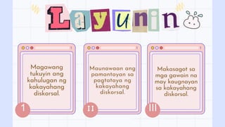 1 II III
Magawang
tukuyin ang
kahulugan ng
kakayahang
diskorsal.
Maunawaan ang
pamantayan sa
pagtataya ng
kakayahang
diskorsal.
Makasagot sa
mga gawain na
may kaugnayan
sa kakayahang
diskorsal.
 