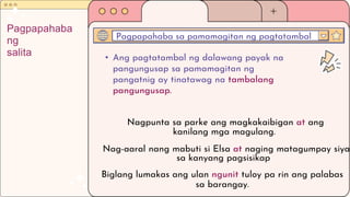• Ang pagtatambal ng dalawang payak na
pangungusap sa pamamagitan ng
pangatnig ay tinatawag na tambalang
pangungusap.
Pagpapahaba sa pamamagitan ng pagtatambal
Pagpapahaba
ng
salita
Nagpunta sa parke ang magkakaibigan at ang
kanilang mga magulang.
Nag-aaral nang mabuti si Elsa at naging matagumpay siya
sa kanyang pagsisikap
Biglang lumakas ang ulan ngunit tuloy pa rin ang palabas
sa barangay.
 