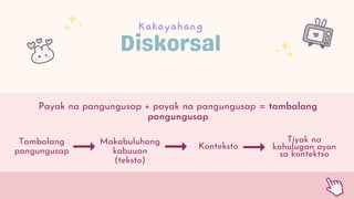 Kakayahang
Payak na pangungusap + payak na pangungusap = tambalang
pangungusap
Tambalang
pangungusap
Makabuluhang
kabuuan
(teksto)
Konteksto
Tiyak na
kahulugan ayon
sa kontektso
 