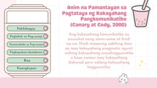 Ang kakayahang komunikatibo ay
sinusukat nang sama-sama at hindi
isa-isa. Hindi maaaring sabihing ikaw
ay may kakayahang pragmatic ngunit
walang kakayahang sosyolingguwistiko
o kaya naman may kakayahang
diskorsal pero walang kakayahang
lingguwistiko.
Pakikibagay
Paglahok sa Pag-uusap
Pamamahala sa Pag-uusap
Pagkapukaw-damdamin
Bisa
Kaangkupan
 