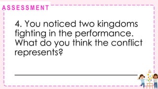 @
@
A S S E S S M E N T
4. You noticed two kingdoms
fighting in the performance.
What do you think the conflict
represents?
____________________________
 