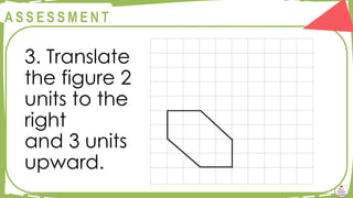 @
@
A S S E S S M E N T
3. Translate
the figure 2
units to the
right
and 3 units
upward.
 