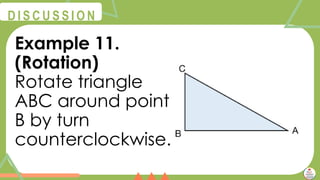 @
@
D I S C U S S I O N
Example 11.
(Rotation)
Rotate triangle
ABC around point
B by turn
counterclockwise.
 