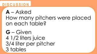 @
@
D I S C U S S I O N
A – Asked
How many pitchers were placed
on each table?
G – Given
4 1/2 liters juice
3/4 liter per pitcher
3 tables
 