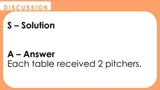 @
@
D I S C U S S I O N
S – Solution
A – Answer
Each table received 2 pitchers.
 