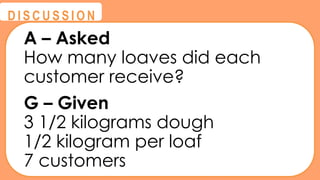 @
@
D I S C U S S I O N
A – Asked
How many loaves did each
customer receive?
G – Given
3 1/2 kilograms dough
1/2 kilogram per loaf
7 customers
 