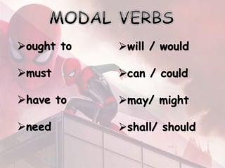 ought to
must
have to
need
will / would
can / could
may/ might
shall/ should
 
