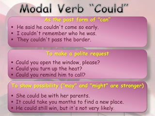 As the past form of "can“
 He said he couldn't come so early.
 I couldn't remember who he was.
 They couldn't pass the border.
To make a polite request
 Could you open the window, please?
 Could you turn up the heat?
 Could you remind him to call?
To show possibility ("may" and "might" are stronger)
 She could be with her parents.
 It could take you months to find a new place.
 He could still win, but it's not very likely.
 