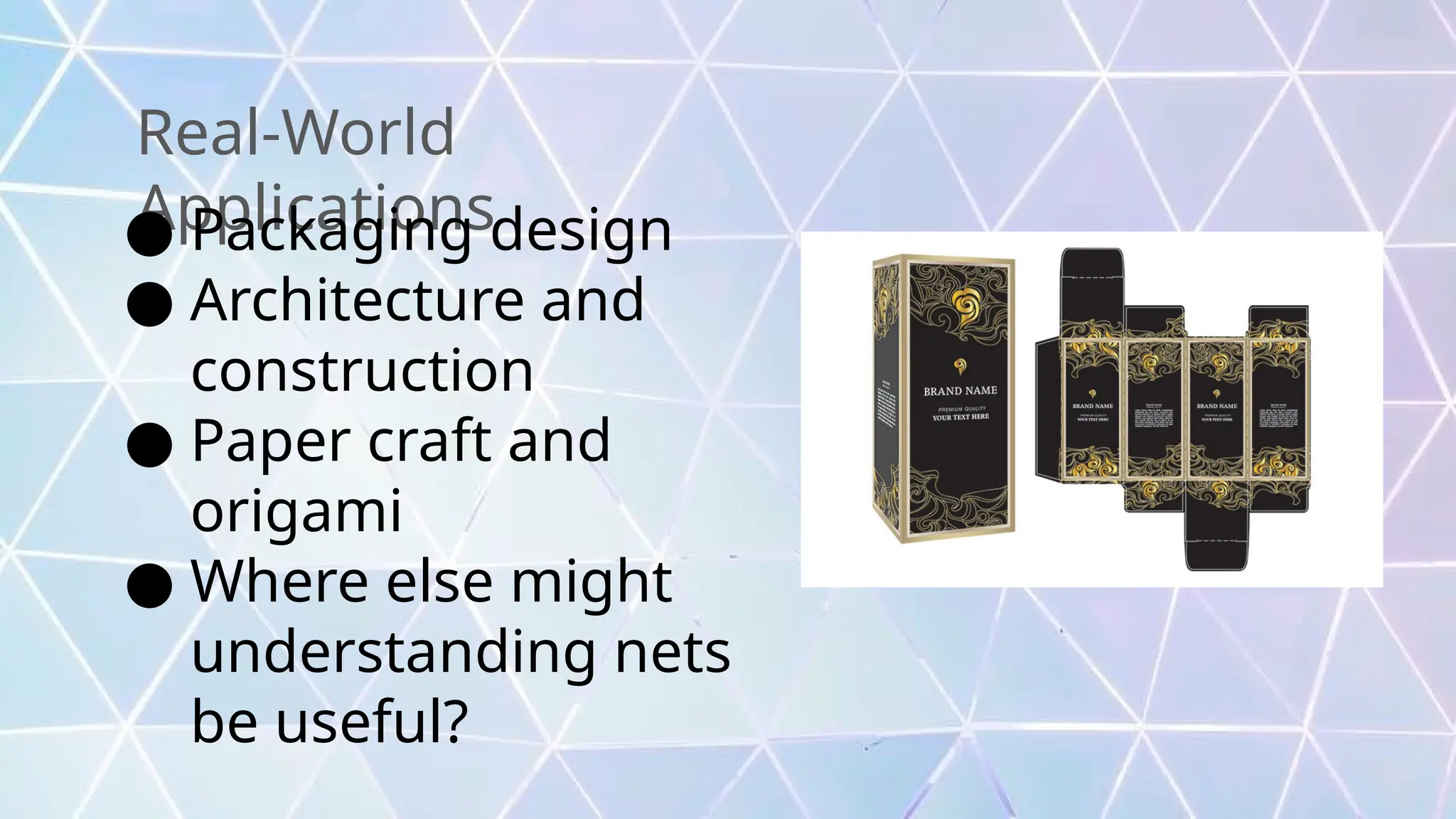 Real-World
Applications
● Packaging design
● Architecture and
construction
● Paper craft and
origami
● Where else might
understanding nets
be useful?
 