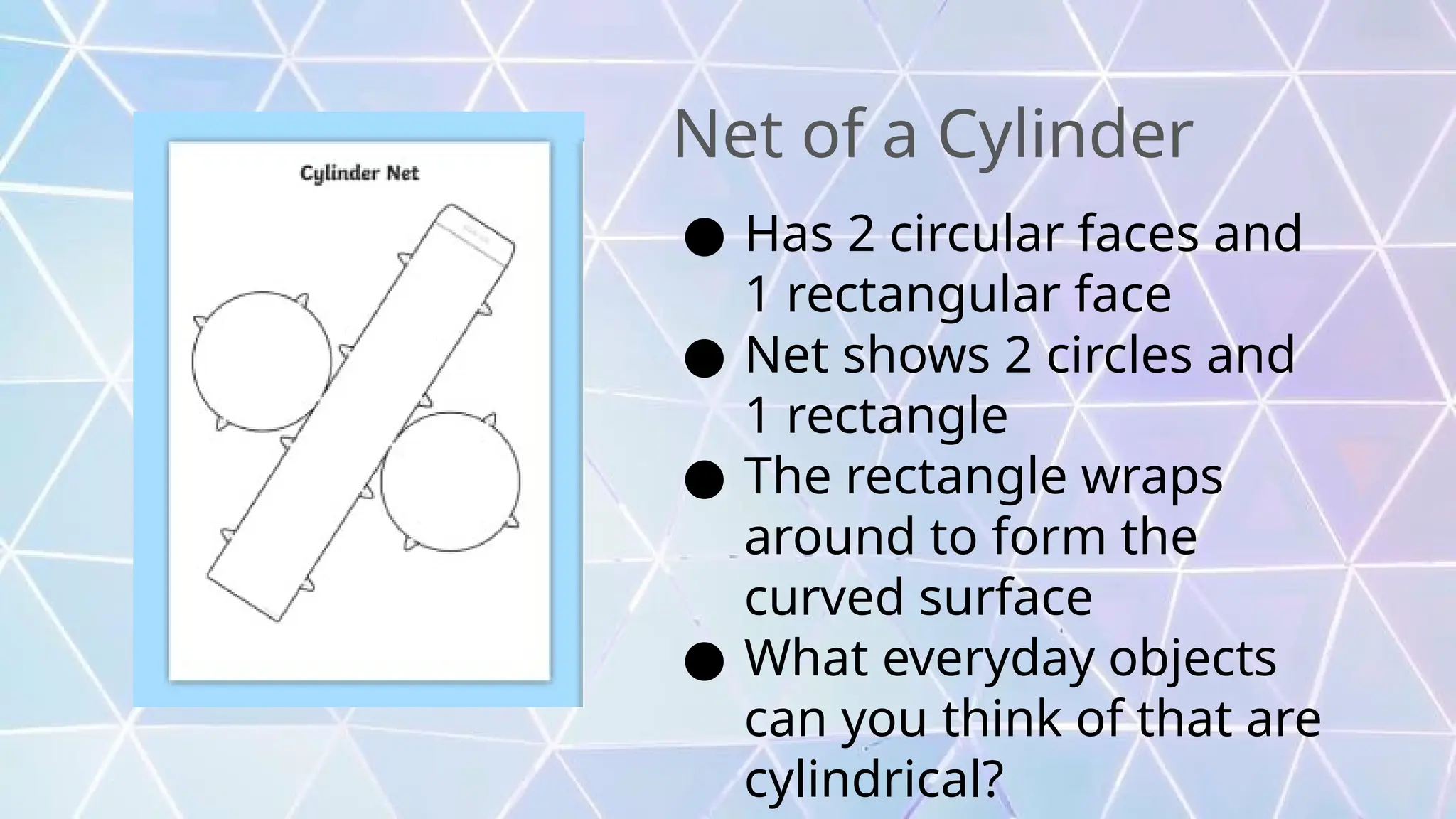 Net of a Cylinder
● Has 2 circular faces and
1 rectangular face
● Net shows 2 circles and
1 rectangle
● The rectangle wraps
around to form the
curved surface
● What everyday objects
can you think of that are
cylindrical?
 