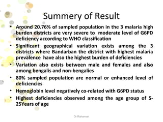 Summery of Result
• Around 20.76% of sampled population in the 3 malaria high
burden districts are very severe to moderate level of G6PD
deficiency according to WHO classification
• Significant geographical variation exists among the 3
districts where Bandarban the district with highest malaria
prevalence have also the highest burden of deficiencies
• Variation also exists between male and females and also
among bengalis and non-bengalies
• 80% sampled population are normal or enhanced level of
deficiencies
• Hemoglobin level negatively co-related with G6PD status
• Highest deficiencies observed among the age group of 5-
25Years of age
Dr.Rahaman
 