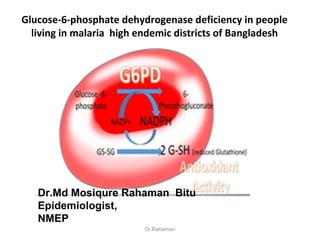 Glucose-6-phosphate dehydrogenase deficiency in people
living in malaria high endemic districts of Bangladesh
Dr.Rahaman
Dr.Md Mosiqure Rahaman Bitu
Epidemiologist,
NMEP
 