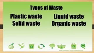 Types of Waste
Plastic waste
Solid waste
Liquid waste
Organic waste
 