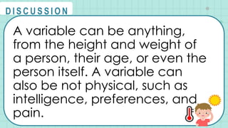 A variable can be anything,
from the height and weight of
a person, their age, or even the
person itself. A variable can
also be not physical, such as
intelligence, preferences, and
pain.
@
@
D I S C U S S I O N
 