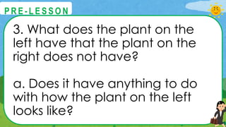 3. What does the plant on the
left have that the plant on the
right does not have?
a. Does it have anything to do
with how the plant on the left
looks like?
@
@
P R E - L E S S O N
 