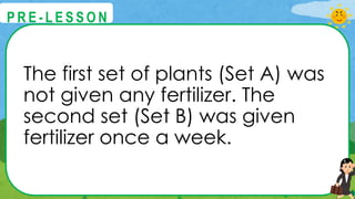 The first set of plants (Set A) was
not given any fertilizer. The
second set (Set B) was given
fertilizer once a week.
@
@
P R E - L E S S O N
 