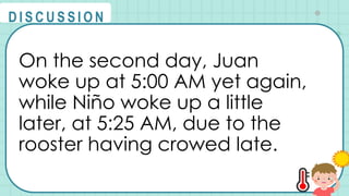 On the second day, Juan
woke up at 5:00 AM yet again,
while Niño woke up a little
later, at 5:25 AM, due to the
rooster having crowed late.
@
@
D I S C U S S I O N
 