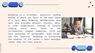Skimming is a strategic, selective reading
method in which you focus on the main ideas
of a text. When skimming, deliberately skip
text that provides details, stories, data,
or other elaboration. Instead of closely
reading every word, focus on the
introduction, chapter summaries, first and
last sentences of paragraphs, bold words,
and text features. Skimming is extracting
the essence of the author’s main messages
rather than the finer points
4
 