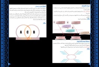 67 66
:‫مكة‬ ّ‫الس‬ ‫هيكل‬
‫أو‬ ‫معقد‬ ‫لحدث‬ ‫ّببي‬‫س‬‫ال‬ ‫ّفاعل‬‫ت‬‫ال‬ ‫وإظهار‬ ‫ّحليل‬‫ت‬‫ال‬ ‫عند‬ ‫ّمكة‬‫س‬‫ال‬ ‫هيكل‬ ‫خريطة‬ ‫تستخدم‬
.‫معقدة‬ ‫ظاهرة‬
‫األسباب‬ ‫ما‬ ‫ّئيسة؟‬‫ر‬‫ال‬ ‫األســباب‬ ‫ما‬ ‫األساسية؟‬ ‫القضية‬ ‫أو‬ ‫المشكلة‬ ‫ما‬ :‫األســئلة‬ ‫أهم‬
‫الفرعية؟‬
‫أو‬ ‫الدراسة‬ ‫إلى‬ ‫تحتاج‬ ‫تي‬ّ‫ل‬‫ا‬ ‫األسباب‬ ‫من‬ ‫بمجموعة‬ ‫لالنتهاء‬ ‫األســباب‬ ‫تقيم‬ ‫الختام‬ ‫وفي‬
.‫ّطوير‬‫ت‬‫ال‬
.‫البيئة‬ ‫تلوث‬ ‫مشكلة‬ :‫مثال‬
1 2
3
:‫العنكبوت‬ ‫شبكة‬ ‫خريطة‬
‫أو‬ ‫عملية‬ ‫أو‬ ‫ًا‬‫ئ‬‫شي‬ ‫كانت‬ ‫سواء‬ ،‫مركزية‬ ‫فكرة‬ ‫لوصف‬ ‫العنكبوت‬ ‫شبكة‬ ‫خريطة‬ ‫تســتخدم‬
.‫طرحها‬ ‫أو‬ ‫األفكار‬ ‫لتنظيم‬ ‫تستخدم‬ ‫وقد‬ ،‫ًا‬‫ح‬‫اقترا‬ ‫أو‬ ‫ًا‬‫م‬‫مفهو‬
‫وظائفها؟‬ ‫هي‬ ‫ما‬ ‫خصائصها؟‬ ‫وما‬ ‫المركزية؟‬ ‫الفكرة‬ ‫ما‬ :‫األسئلة‬ ‫أهم‬
:‫مثال‬
:)Ven( ‫فـن‬ ‫أشكال‬
‫إلظهار‬ ‫تستعمل‬ ‫ما‬ ‫ًا‬‫ب‬‫وغال‬ ،‫المتداخلة‬ ‫الدوائر‬ ‫من‬ ‫أكثر‬ ‫أو‬ ‫اثنتين‬ ‫من‬ ‫تتكون‬ )‫(فـن‬ ‫أشكال‬
‫ّشــابه‬‫ت‬‫ال‬ ‫أوجه‬ ‫ولدراســة‬ ،)‫بدائرة‬ ‫تمثل‬ ‫مجموعة‬ ‫(كل‬ ‫أكثر‬ ‫أو‬ ‫مجموعتين‬ ‫بين‬ ‫العالقات‬
.‫ذلك‬ ‫غير‬ ‫أو‬ ‫القصص‬ ‫أو‬ ‫الشخصيات‬ ‫في‬ ‫واالختالف‬
‫تنظيم‬ ‫من‬ ‫مين‬ّ‫ل‬‫المتع‬ ‫لتمكين‬ ‫(تهيئة)؛‬ ‫الكتابة‬ ‫قبل‬ ‫ما‬ ‫كنشــاط‬ ‫تســتخدم‬ ‫ما‬ ‫ًا‬‫ر‬‫وكثي‬
،‫شيئين‬ ‫بين‬ ‫يقارن‬ ‫مقال‬ ‫كتابة‬ ‫في‬ ‫الشروع‬ ‫قبل‬ ،‫النصية‬ ‫االقتباسات‬ ‫تنظيم‬ ‫أو‬ ‫أفكارهم‬
‫أوجه‬ ‫تنظيم‬ ‫من‬ ‫مين‬ّ‫ل‬‫المتع‬ ‫يمكن‬ ‫الشكل‬ ‫هذا‬ ،‫االختالف‬ ‫وأوجه‬ ‫الشــبه‬ ‫أوجه‬ ‫حيث‬ ‫من‬
.‫ًّا‬‫ي‬‫بصر‬ ‫فيه‬ ‫واالختالف‬ ‫ّشابه‬‫ت‬‫ال‬
:‫مثال‬
A C B
 