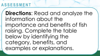 @
@
A S S E S S M E N T
Directions: Read and analyze the
information about the
importance and benefits of fish
raising. Complete the table
below by identifying the
category, benefits, and
examples or explanations.
 