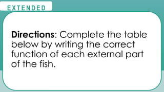 @
@
E X T E N D E D
Directions: Complete the table
below by writing the correct
function of each external part
of the fish.
 