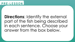 @
@
P R E - L E S S O N
Directions: Identify the external
part of the fish being described
in each sentence. Choose your
answer from the box below.
 