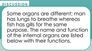 @
@
D I S C U S S I O N
Some organs are different; man
has lungs to breathe whereas
fish has gills for the same
purpose. The name and function
of the internal organs are listed
below with their functions.
 