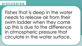 @
@
D I S C U S S I O N
Fishes that is deep in the water
needs to release air from their
swim ladder when they come
up this is due to the difference
in atmospheric pressure that
circulate in the water surface.
 