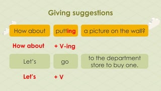 Giving suggestions
How about putting a picture on the wall?
How about + V-ing
Let’s go
to the department
store to buy one.
Let’s + V
 