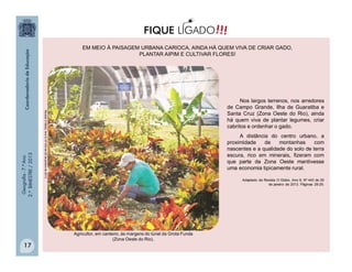 Geografia-7.ºAno
2.ºBIMESTRE/2013
17
!!!FIQUE LIGADO
EM MEIO À PAISAGEM URBANA CARIOCA, AINDA HÁ QUEM VIVA DE CRIAR GADO,
PLANTAR AIPIM E CULTIVAR FLORES!
RevistaOGlobo.Ano9,Nº443de20dejaneirode2013.
Agricultor, em canteiro, às margens do túnel da Grota Funda
(Zona Oeste do Rio).
Nos largos terrenos, nos arredores
de Campo Grande, Ilha de Guaratiba e
Santa Cruz (Zona Oeste do Rio), ainda
há quem viva de plantar legumes, criar
cabritos e ordenhar o gado.
A distância do centro urbano, a
proximidade de montanhas com
nascentes e a qualidade do solo de terra
escura, rico em minerais, fizeram com
que parte da Zona Oeste mantivesse
uma economia tipicamente rural.
Adaptado de Revista O Globo. Ano 9, Nº 443 de 20
de janeiro de 2013. Páginas 28-29.
 