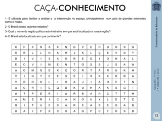 Geografia-7.ºAno
1.ºBIMESTRE/2013
C H K N A K N D V E R D O S G
O R L L N A H J K L Ç E V D Y
D I V I S A O R E G I O N A L
E O V I M E N T O S S J S A W
A O M G E X Ç O R T A R U K H
V I N T E E S E I S K K D R A
V R O O L I H A J I A O E T N
A G R I C Q D K U H A K S G T
U T P E R I U R B A N Ç T T M
A M E R I C A N O U Y L E T Ç
D I T U E S Á R E A S E G A B
O A I P A C O A G P C T H S D
1- É utilizada para facilitar a análise e a intervenção no espaço, principalmente num país de grandes extensões
como o nosso.
2- O Brasil possui quantos estados?
3- Qual o nome da região político-administrativa em que está localizada a nossa região?
4- O Brasil está localizado em que continente?
CAÇA-CONHECIMENTO
12
 