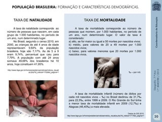 Geografia-7.ºAno
1.ºBIMESTRE/2013
A taxa de natalidade corresponde ao
número de pessoas que nascem, em cada
grupo de 1.000 habitantes, no período de
um ano, num determinado lugar.
No Brasil, segundo o censo 2010, em
2000, as crianças de até 4 anos de idade
representavam 9,64% da população
brasileira, hoje são 7,17%. As de 5 a 9
eram 9,74%, percentual que caiu para
7,79%. A população com até 24 anos
somava 49,68% dos brasileiros há 10
anos, hoje constituem 41,95%.
http://www.ibge.gov.br/home/presidencia/noticias/noticia_visuali
za.php?id_noticia=1722&id_pagina=1
oficinadamoda.com.br
rius.com.br
A taxa de mortalidade corresponde ao número de
pessoas que morrem, por 1.000 habitantes, no período de
um ano, num determinado lugar. O valor da taxa é
considerado:
a) alto, se for maior ou igual a 50 mortes por nascidos vivos;
b) médio, para valores de 20 a 49 mortes por 1.000
nascidos vivos;
c) baixo, para valores menores que 20 mortes por 1.000
nascidos vivos.
A taxa de mortalidade infantil (número de óbitos por
cada mil nascidos vivos – ‰) no Brasil declinou de 31,7‰
para 22,5‰, entre 1999 e 2009. O Rio Grande do Sul tinha
a menor taxa de mortalidade infantil em 2009 (12,7‰) e
Alagoas (46,40‰) a mais elevada.
TAXA DE NATALIDADE TAXA DE MORTALIDADE
POPULAÇÃO BRASILEIRA: FORMAÇÃO E CARACTERÍSTICAS DEMOGRÁFICAS.
‰ – por mil.
Dados do SIS 2010.
http://www.ibge.gov.br/home/presidencia/noticias/noticia_visualiza.php?id_noticia=1717&id_pagina=1
20
 
