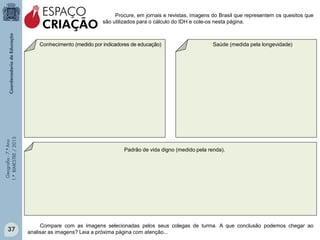 Geografia-7.ºAno
1.ºBIMESTRE/2013 Procure, em jornais e revistas, imagens do Brasil que representem os quesitos que
são utilizados para o cálculo do IDH e cole-os nesta página.
Conhecimento (medido por indicadores de educação) Saúde (medida pela longevidade)
Padrão de vida digno (medido pela renda).
Compare com as imagens selecionadas pelos seus colegas de turma. A que conclusão podemos chegar ao
analisar as imagens? Leia a próxima página com atenção...
ESPAÇO
CRIAÇÃO
37
 