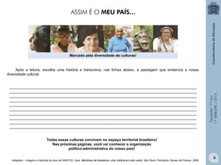 Geografia-7.ºAno
1.ºBIMESTRE/2013
Marcado pela diversidade de culturas!
____________________________________________________________________________________________
____________________________________________________________________________________________
____________________________________________________________________________________________
____________________________________________________________________________________________
____________________________________________________________________________________________
____________________________________________________________________________________________
____________________________________________________________________________________________
____________________________________________________________________________________________
____________________________________________________________________________________________
____________________________________________________________________________________________
Após a leitura, escolha uma história e transcreva, nas linhas abaixo, a passagem que evidencia a nossa
diversidade cultural.
Todas essas culturas convivem no espaço territorial brasileiro!
Nas próximas páginas, você vai conhecer a organização
político-administrativa do nosso país!
ASSIM É O MEU PAÍS...
Adaptado - Imagens e histórias da obra de SANTOS, José. Memórias de brasileiros: uma história em todo canto. São Paulo: Petrópolis. Museu da Pessoa. 2008.
6
 