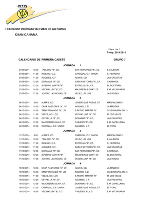 Federación Interinsular de Fútbol de Las Palmas 
GRAN CANARIA 
Página 1 de 7 
Temp. 2014/2015 
CALENDARIO DE PRIMERA CADETE GRUPO 7 
JORNADA 1 
27/09/2014 10:30 TABLERO "B", CD. SAN FERNANDO "B", UD E.VALERON 
27/09/2014 11:00 INGENIO, C.D. CARRIZAL, C.F. UNION C. HERRERA 
27/09/2014 11:30 AGUIMES, C.F. ALMA'S, CD. LAS CRUCITAS 
27/09/2014 12:00 DORAMAS "B", CD. CASA PASTORES "A", CF. C.ARINAGA 
27/09/2014 12:30 S.PEDRO MARTIR "B" ESTRELLA "B", CF, EL DOCTORAL 
27/09/2014 16:00 VECINKLUBF "B", CD MAJORERAS GUAY, CF. E.M. VECINDARIO 
27/09/2014 17:00 JOVERO LAS ROSAS, CF. VELEZ, UD. LOS LAS ROSAS 
JORNADA 2 
04/10/2014 9:00 ALMA'S, CD. JOVERO LAS ROSAS, CF. MASPALOMAS 1 
04/10/2014 10:30 CASA PASTORES "A", CF. INGENIO, C.D. LA MADERA 
04/10/2014 10:30 SAN FERNANDO "B", UD S.PEDRO MARTIR "B" CIU.D.MASPALOM. 3 
04/10/2014 11:00 VELEZ, UD. LOS VECINKLUBF "B", CD M. LOS VELEZ 
04/10/2014 12:00 ESTRELLA "B", CF, DORAMAS "B", CD. LAS PALMITAS 
04/10/2014 12:00 MAJORERAS GUAY, CF. TABLERO "B", CD. E.M. CAPELLANIA 
04/10/2014 12:30 CARRIZAL, C.F. UNION AGUIMES, C.F. EL TORIL 
JORNADA 3 
11/10/2014 9:00 ALMA'S, CD. CARRIZAL, C.F. UNION MASPALOMAS 1 
11/10/2014 10:30 TABLERO "B", CD. VELEZ, UD. LOS E.VALERON 
11/10/2014 11:00 INGENIO, C.D. ESTRELLA "B", CF, C. HERRERA 
11/10/2014 11:30 AGUIMES, C.F. CASA PASTORES "A", CF. LAS CRUCITAS 
11/10/2014 12:00 DORAMAS "B", CD. SAN FERNANDO "B", UD C.ARINAGA 
11/10/2014 12:30 S.PEDRO MARTIR "B" MAJORERAS GUAY, CF. EL DOCTORAL 
11/10/2014 17:00 JOVERO LAS ROSAS, CF. VECINKLUBF "B", CD LAS ROSAS 
JORNADA 4 
18/10/2014 10:30 CASA PASTORES "A", CF. ALMA'S, CD. LA MADERA 
18/10/2014 10:30 SAN FERNANDO "B", UD INGENIO, C.D. CIU.D.MASPALOM. 3 
18/10/2014 11:00 VELEZ, UD. LOS S.PEDRO MARTIR "B" M. LOS VELEZ 
18/10/2014 12:00 ESTRELLA "B", CF, AGUIMES, C.F. LAS PALMITAS 
18/10/2014 12:00 MAJORERAS GUAY, CF. DORAMAS "B", CD. E.M. CAPELLANIA 
18/10/2014 12:30 CARRIZAL, C.F. UNION JOVERO LAS ROSAS, CF. EL TORIL 
18/10/2014 16:00 VECINKLUBF "B", CD TABLERO "B", CD. E.M. VECINDARIO 
 