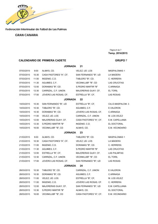 Federación Interinsular de Fútbol de Las Palmas 
GRAN CANARIA 
Página 6 de 7 
Temp. 2014/2015 
CALENDARIO DE PRIMERA CADETE GRUPO 7 
JORNADA 21 
07/03/2015 9:00 ALMA'S, CD. VELEZ, UD. LOS MASPALOMAS 1 
07/03/2015 10:30 CASA PASTORES "A", CF. SAN FERNANDO "B", UD LA MADERA 
07/03/2015 11:00 INGENIO, C.D. TABLERO "B", CD. C. HERRERA 
07/03/2015 11:30 AGUIMES, C.F. VECINKLUBF "B", CD LAS CRUCITAS 
07/03/2015 12:00 DORAMAS "B", CD. S.PEDRO MARTIR "B" C.ARINAGA 
07/03/2015 12:30 CARRIZAL, C.F. UNION MAJORERAS GUAY, CF. EL TORIL 
07/03/2015 17:00 JOVERO LAS ROSAS, CF. ESTRELLA "B", CF, LAS ROSAS 
JORNADA 22 
14/03/2015 10:30 SAN FERNANDO "B", UD ESTRELLA "B", CF, CIU.D.MASPALOM. 3 
14/03/2015 10:30 TABLERO "B", CD. AGUIMES, C.F. E.VALERON 
14/03/2015 10:30 DORAMAS "B", CD. JOVERO LAS ROSAS, CF. C.ARINAGA 
14/03/2015 11:00 VELEZ, UD. LOS CARRIZAL, C.F. UNION M. LOS VELEZ 
14/03/2015 12:00 MAJORERAS GUAY, CF. CASA PASTORES "A", CF. E.M. CAPELLANIA 
14/03/2015 12:30 S.PEDRO MARTIR "B" INGENIO, C.D. EL DOCTORAL 
14/03/2015 16:00 VECINKLUBF "B", CD ALMA'S, CD. E.M. VECINDARIO 
JORNADA 23 
21/03/2015 9:00 ALMA'S, CD. TABLERO "B", CD. MASPALOMAS 1 
21/03/2015 10:30 CASA PASTORES "A", CF. VELEZ, UD. LOS LA MADERA 
21/03/2015 11:00 INGENIO, C.D. DORAMAS "B", CD. C. HERRERA 
21/03/2015 11:30 AGUIMES, C.F. S.PEDRO MARTIR "B" LAS CRUCITAS 
21/03/2015 12:00 ESTRELLA "B", CF, MAJORERAS GUAY, CF. LAS PALMITAS 
21/03/2015 12:30 CARRIZAL, C.F. UNION VECINKLUBF "B", CD EL TORIL 
21/03/2015 17:00 JOVERO LAS ROSAS, CF. SAN FERNANDO "B", UD LAS ROSAS 
JORNADA 24 
28/03/2015 10:30 TABLERO "B", CD. CARRIZAL, C.F. UNION E.VALERON 
28/03/2015 10:30 DORAMAS "B", CD. AGUIMES, C.F. C.ARINAGA 
28/03/2015 11:00 VELEZ, UD. LOS ESTRELLA "B", CF, M. LOS VELEZ 
28/03/2015 11:00 INGENIO, C.D. JOVERO LAS ROSAS, CF. C. HERRERA 
28/03/2015 12:00 MAJORERAS GUAY, CF. SAN FERNANDO "B", UD E.M. CAPELLANIA 
28/03/2015 12:30 S.PEDRO MARTIR "B" ALMA'S, CD. EL DOCTORAL 
28/03/2015 16:00 VECINKLUBF "B", CD CASA PASTORES "A", CF. E.M. VECINDARIO 
 